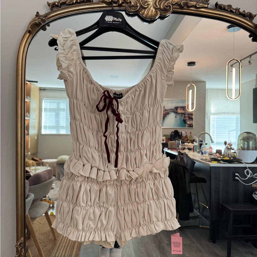 PrettyLittleThing Cream Romper with Burgundy Tie